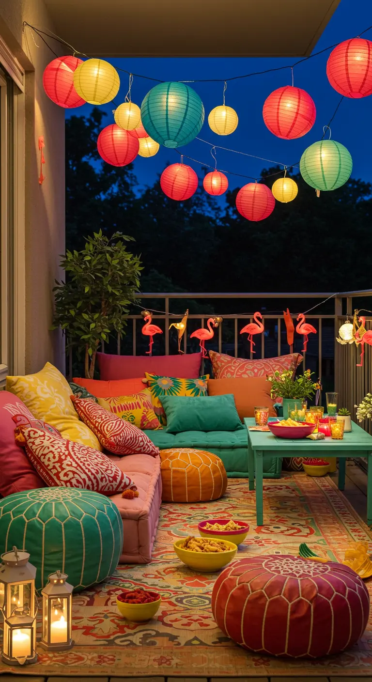 Balkon met een kleurrijke loungehoek vol kussens en poefs, verlicht door lampionnen.