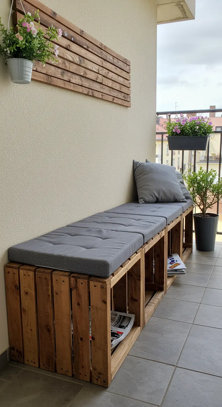 Houten kisten vormen een lange bank met grijze kussens en opbergruimte eronder.