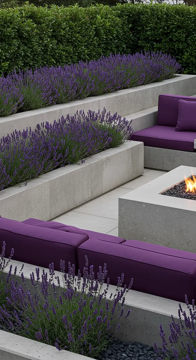 Moderne betonnen loungekuil met paarse kussens, omringd door lavendel.