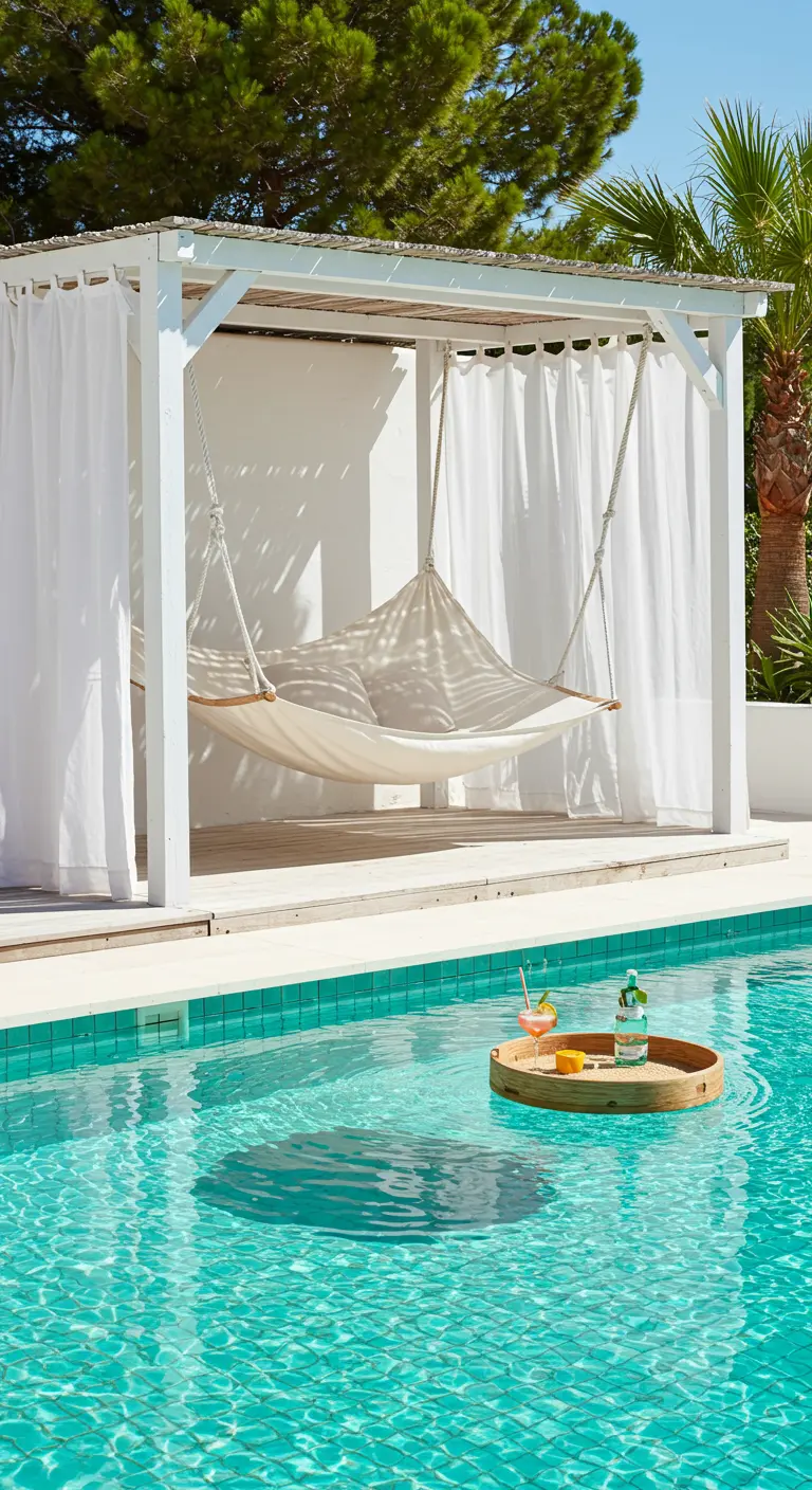 Witte hangmat-schommel in een pergola met gordijnen aan de rand van een turquoise zwembad.