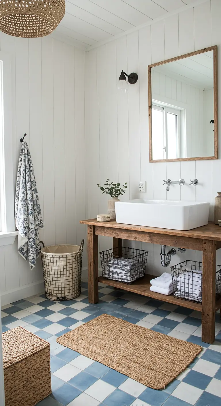 Landelijke badkamer met blauw-witte geblokte vloer en houten wastafel.