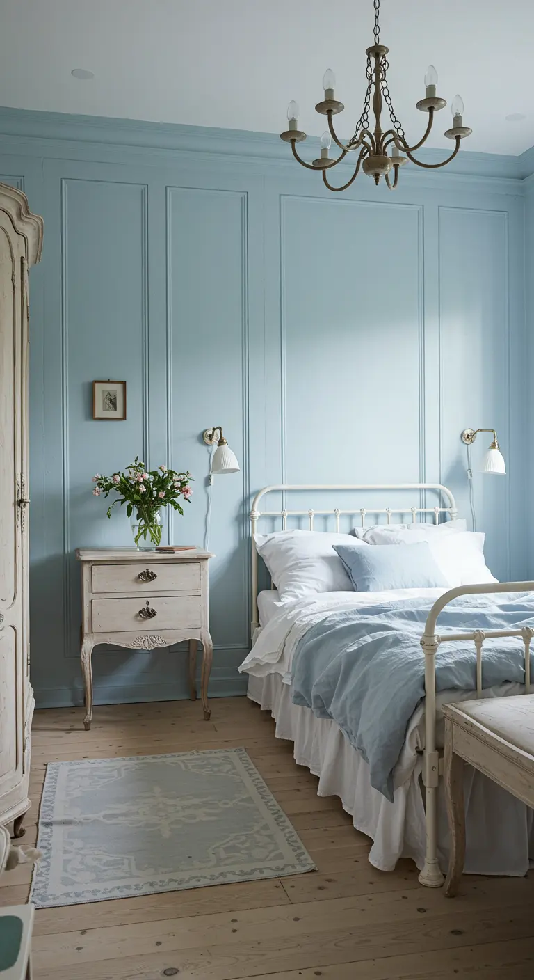 Lichtblauwe slaapkamer met wandpanelen en een wit metalen bed.