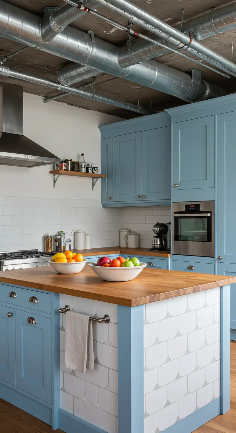 Keuken met zichtbare ventilatiebuizen, babyblauwe kasten en een eiland met witte visschubtegels.