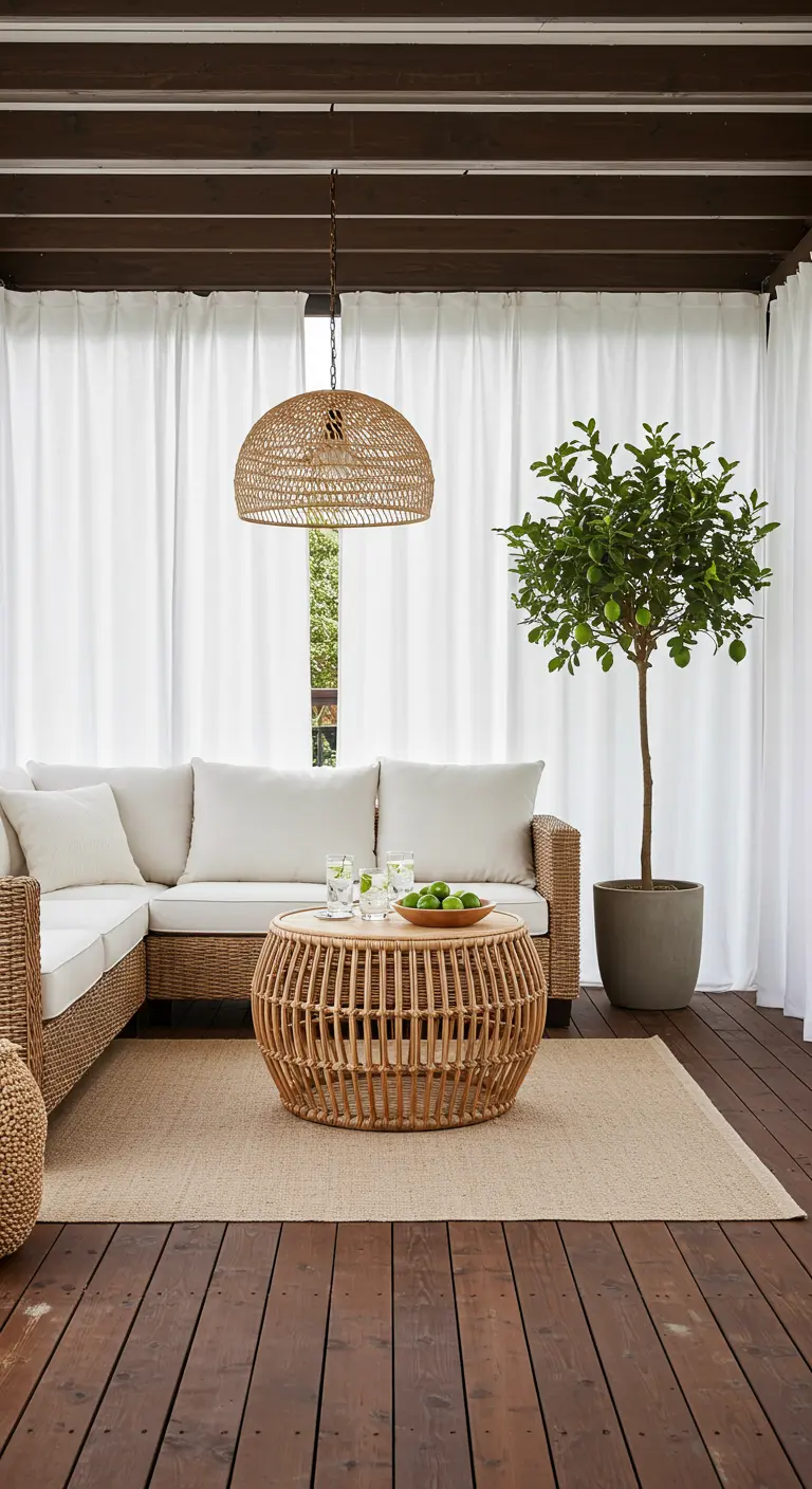 Overdekt terras met rotan loungebank, witte gordijnen en een limoenboom in een pot.