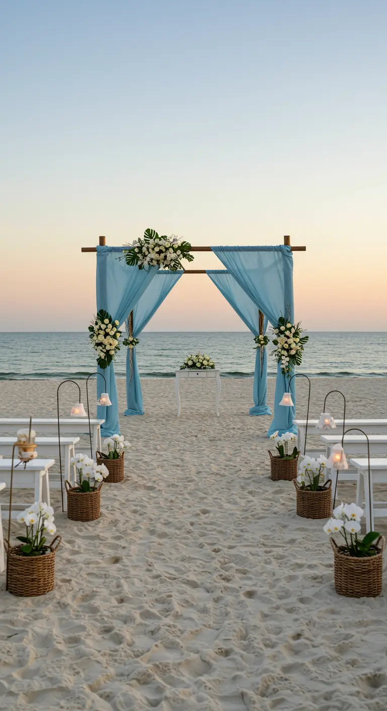 Strandceremonie met een houten altaar gedrapeerd in lichtblauwe stof en witte orchideeën in manden.