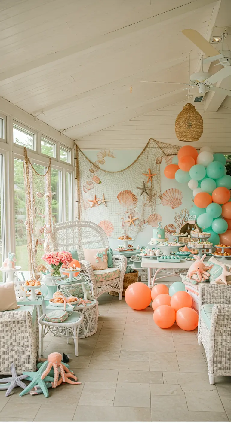 Lichte serre met witte rieten meubels, een ballonnenboog in koraal en zeegroen, en themadecoratie.