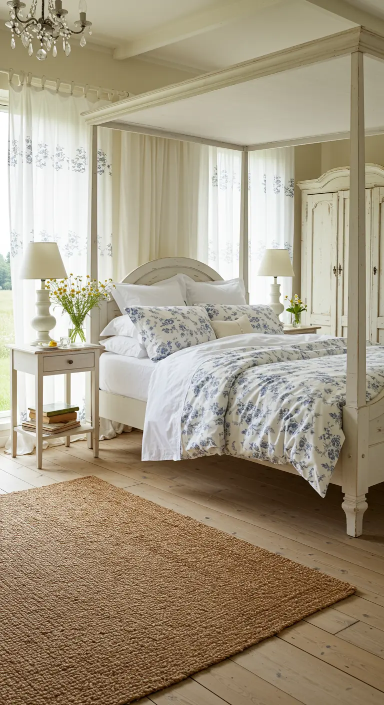 Wit hemelbed met blauwe bloemenprint beddengoed, jute vloerkleed, landelijke meubels.
