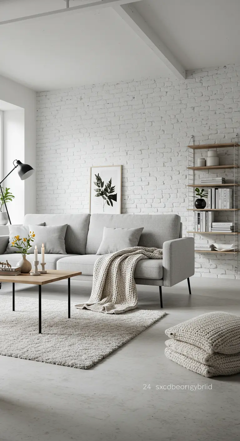 Lichte woonkamer met gewhitewashte bakstenen muur, grijze bank en zachte stoffen.