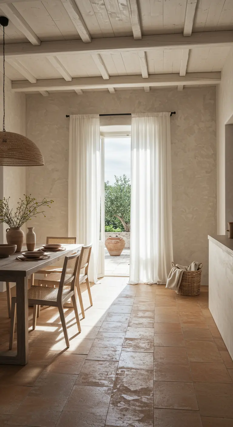 Lichte eetkamer met witte balken, linnen gordijnen en een terracotta tegelvloer.