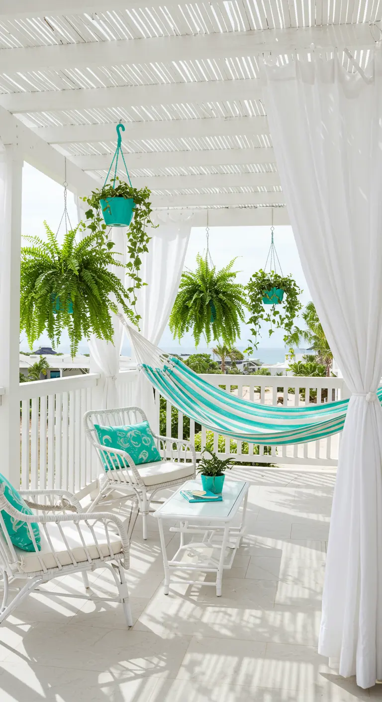 Witte veranda met wapperende gordijnen, hangplanten en een blauw-wit gestreepte hangmat.