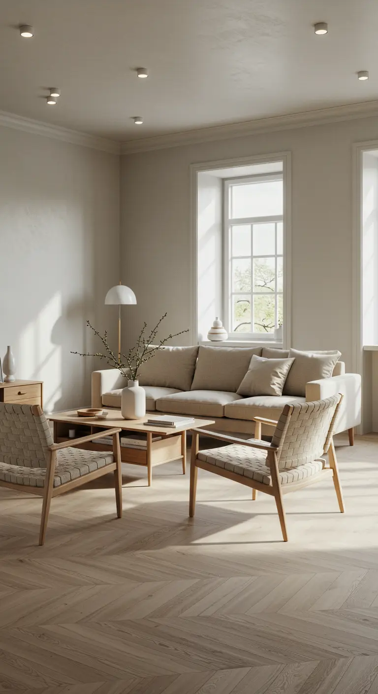 Lichte woonkamer met beige bank, twee geweven stoelen, houten salontafel en grote ramen.