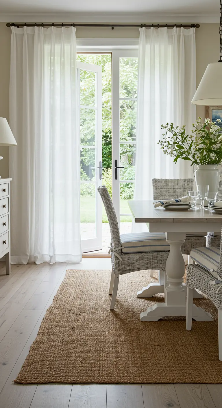 Lichte eetkamer in cottage-stijl met openslaande deuren naar de tuin en luchtige witte gordijnen.