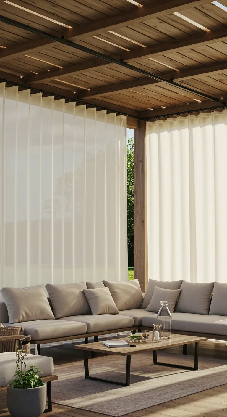 Overdekt terras met witte, doorschijnende gordijnen en een comfortabele loungebank.