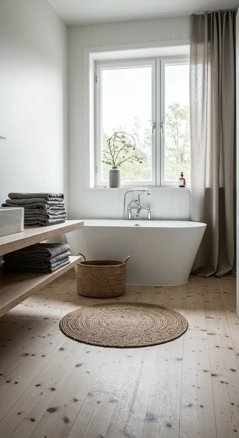 Lichte badkamer met houten vloer, vrijstaand bad, jute kleed en linnen gordijn voor het raam.