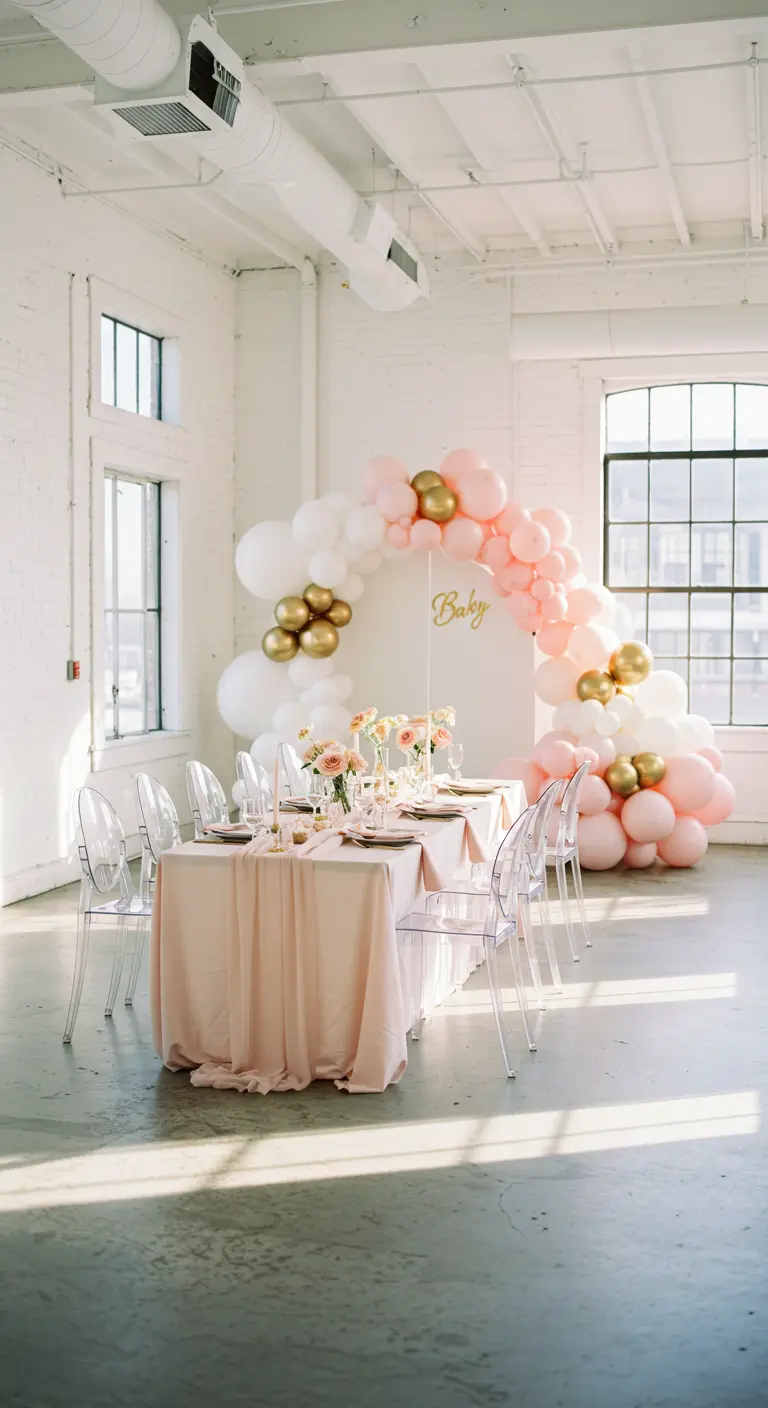 Babyshower tafel in loft met roze en gouden ballonnenboog.