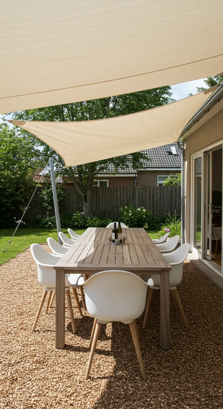 Eettafel met witte stoelen onder een groot schaduwdoek in de tuin.