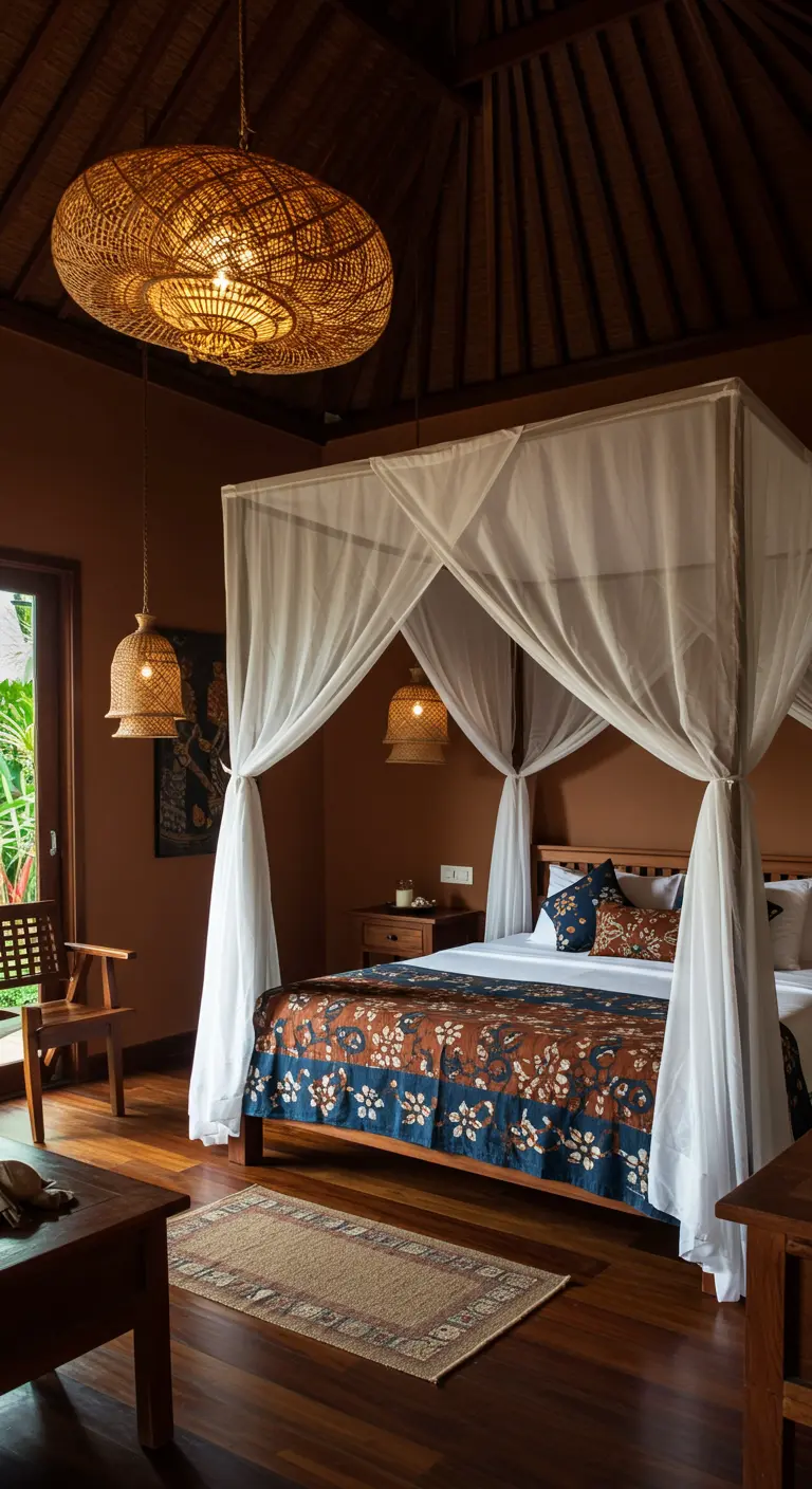 Slaapkamer met een hemelbed met witte doeken en grote rotan hanglampen.