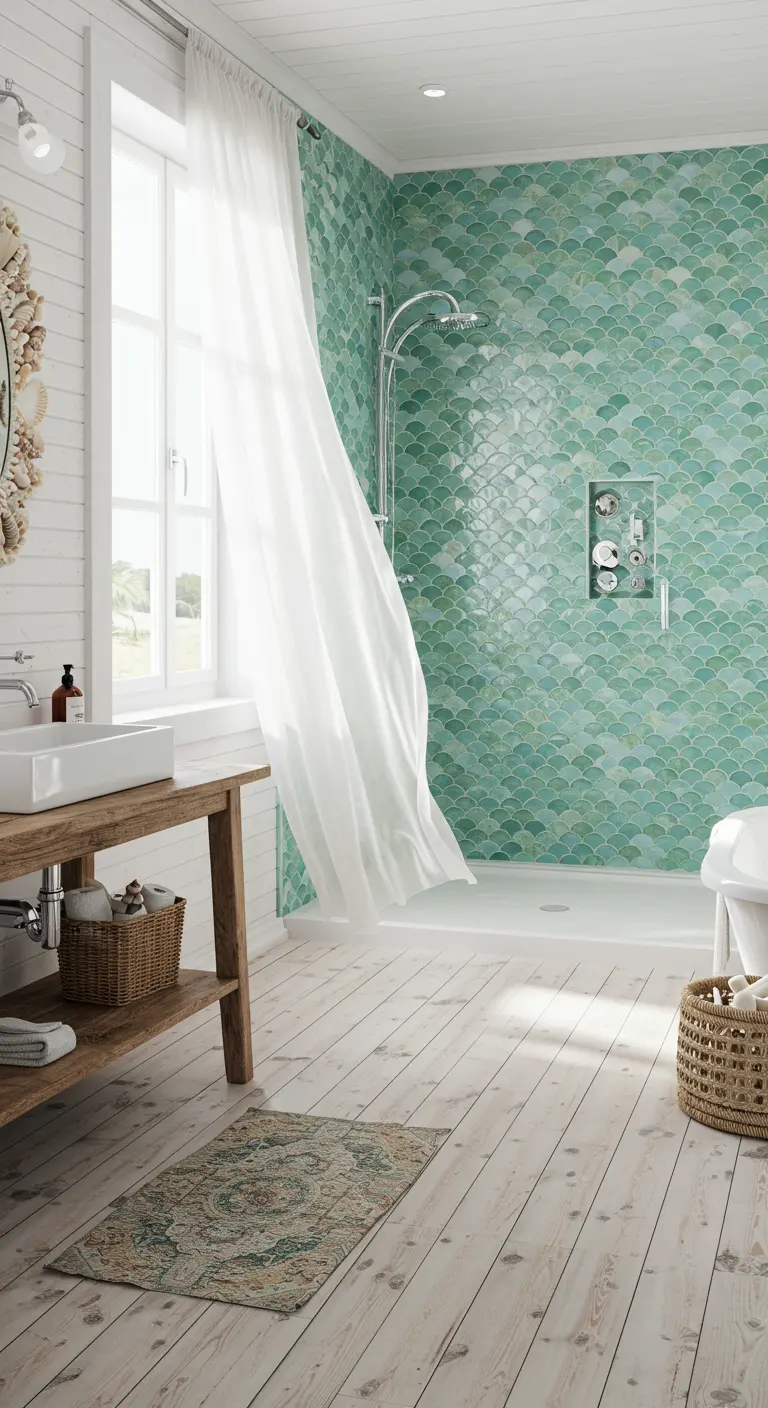 Lichte badkamer met zeegroene visschubtegels in de douche.