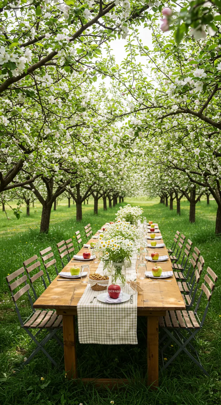 Lange eettafel in een bloeiende appelboomgaard met een geblokte loper en veldbloemen.