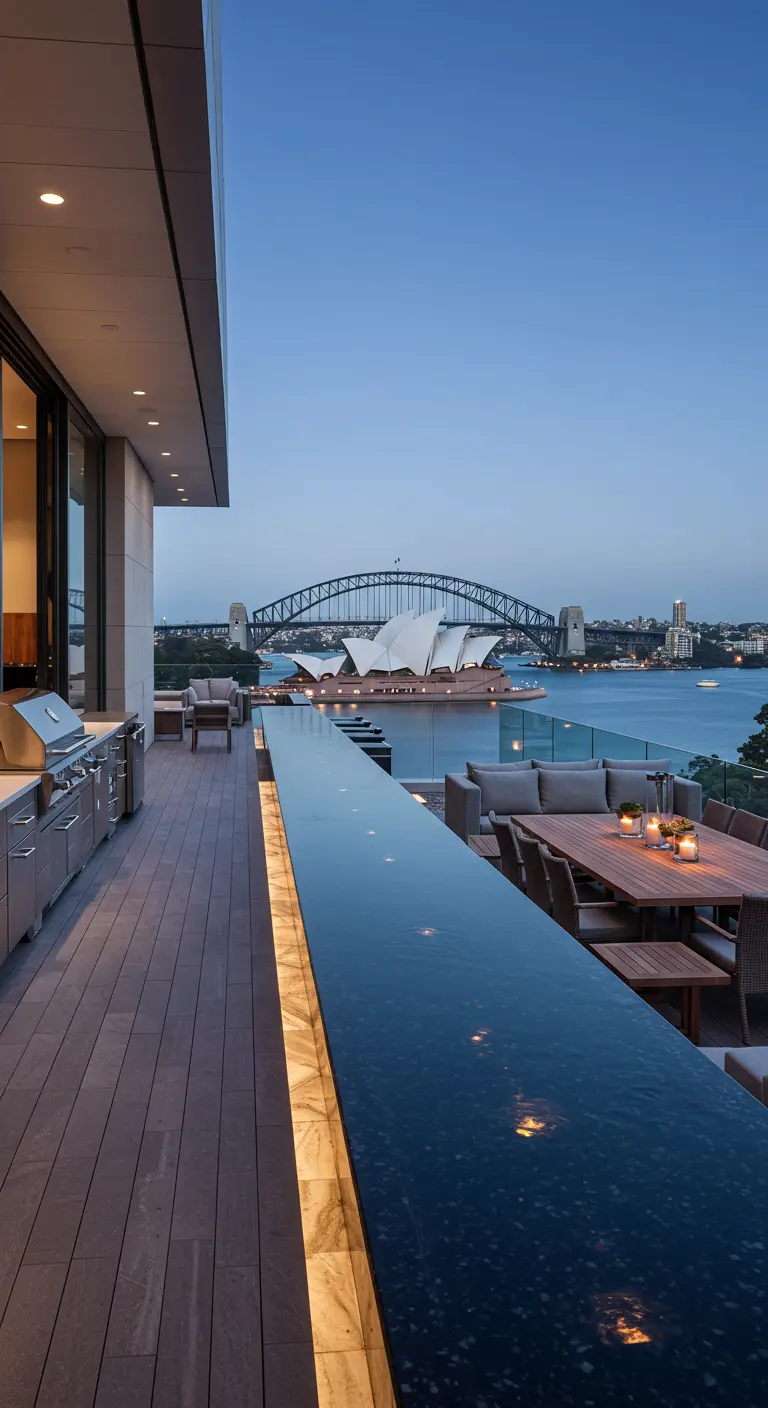 Luxe terras met infinity pool, buitenkeuken en uitzicht op het Sydney Opera House.