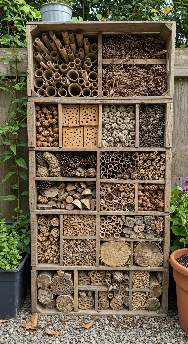 Een groot insectenhotel gemaakt van gestapelde houten kratten met diverse natuurlijke materialen.
