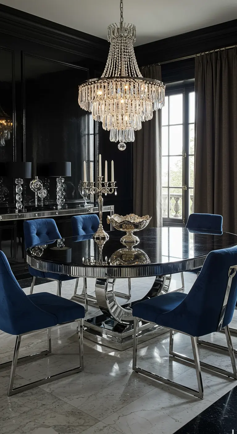 Luxe eetkamer met zwarte ronde tafel, blauwe fluwelen stoelen en kristallen kroonluchter.