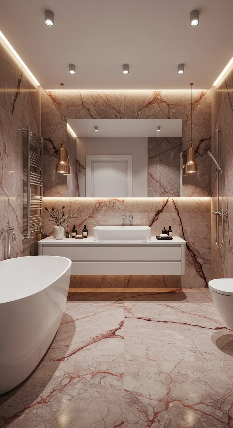 Luxe badkamer met roze marmer, een zwevend wit meubel en koperen hanglampen.