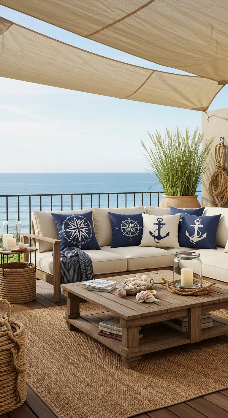 Ruime nautische lounge op terras met zeezicht, zandkleurige bank, blauwe kussens, houten tafel en schelpen.