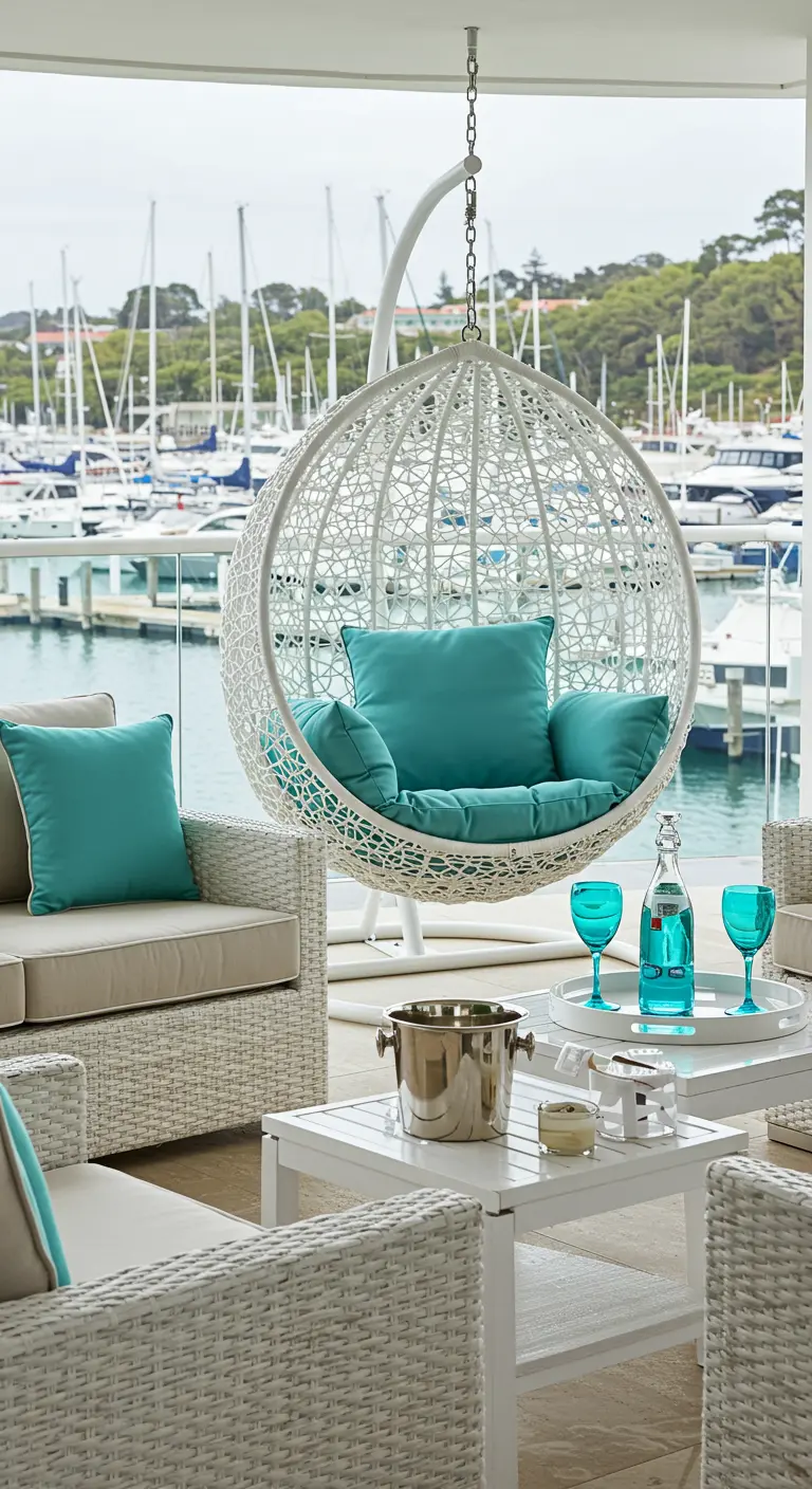 Luxe balkon met een grote witte bolvormige hangstoel en uitzicht op een jachthaven.