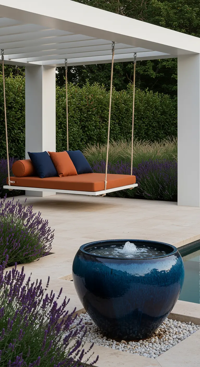 Modern zwevend daybed met oranje en blauwe kussens onder een witte pergola.