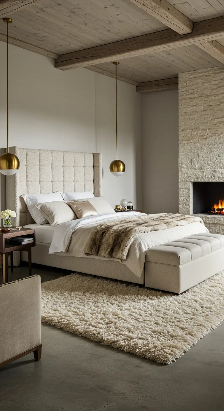 Luxe rustieke slaapkamer met bouclé hoofdbord, gouden hanglampen, stenen open haard, en een pluizig vloerkleed.