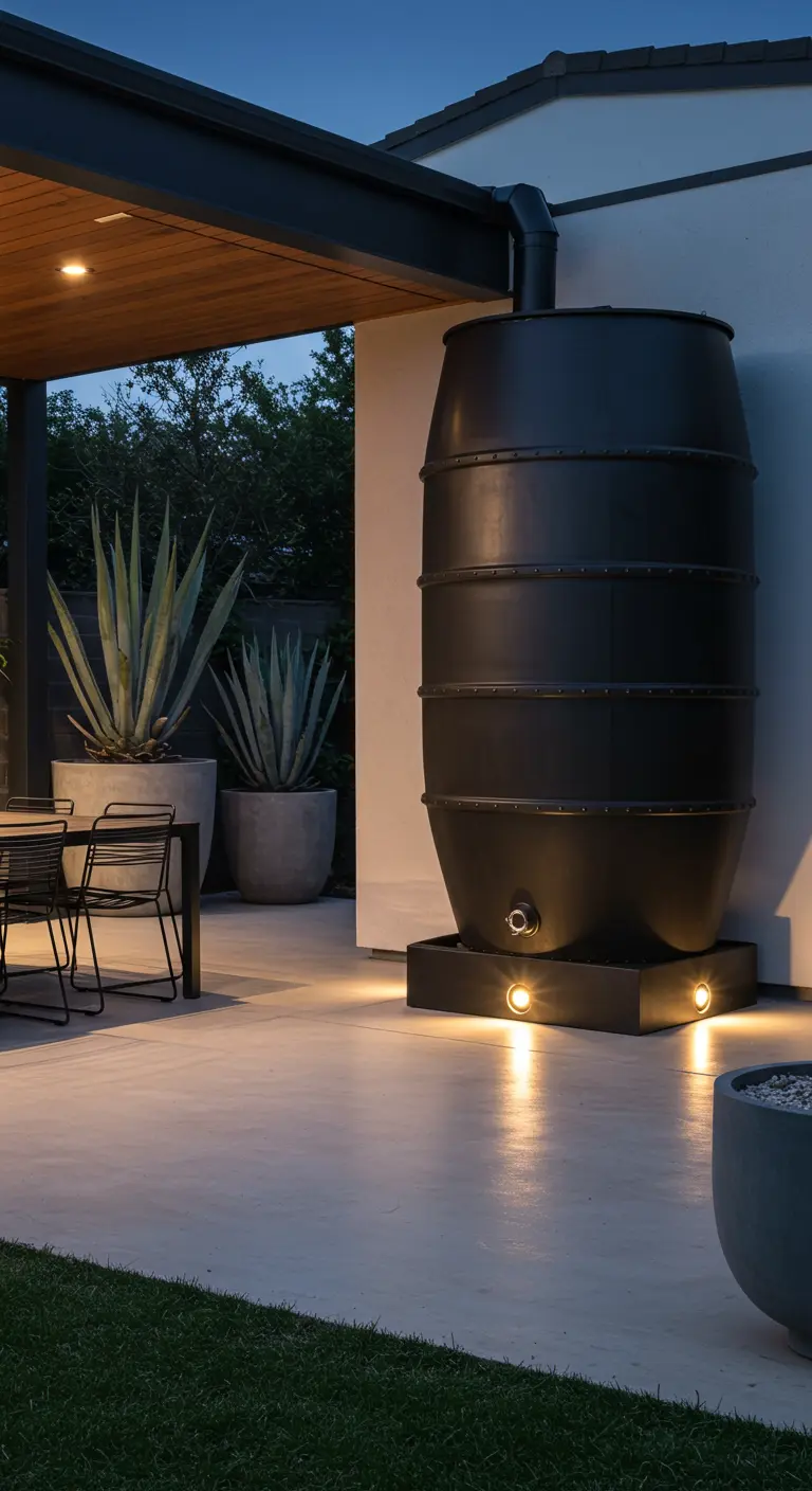 Grote zwarte regenton met ingebouwde spotverlichting op een modern terras met grote plantenbakken.