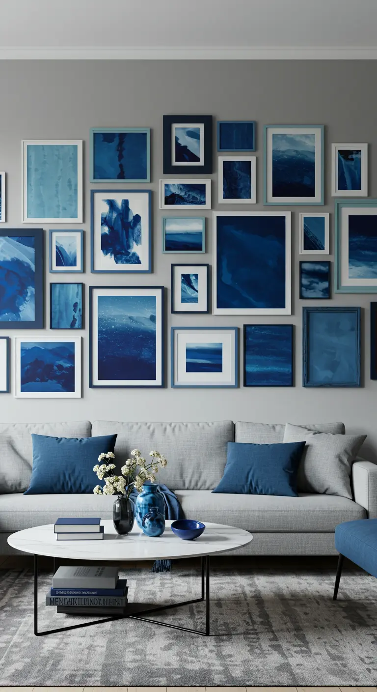 Grijze bank met daarachter een grote gallery wall met enkel kunst in blauwtinten.