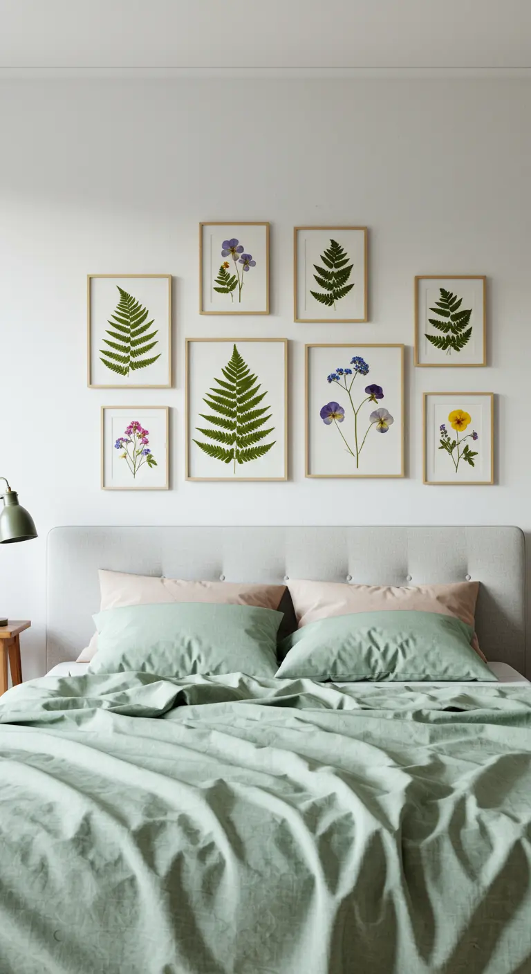 Galerijmuur met ingelijste, geperste varens en bloemen boven een bed met saliegroen beddengoed.