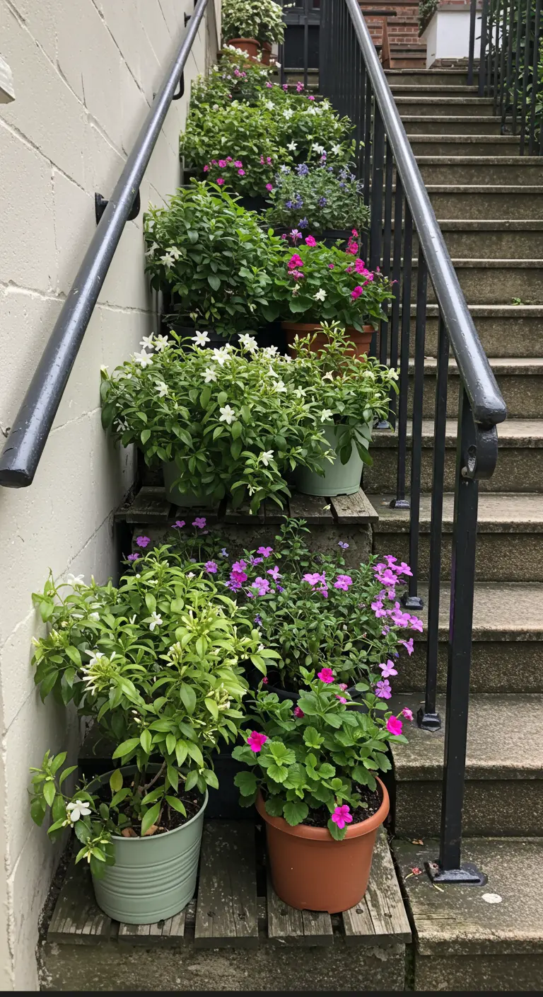Buitentrap waarvan de treden zijn bedekt met diverse potten vol bloeiende planten.