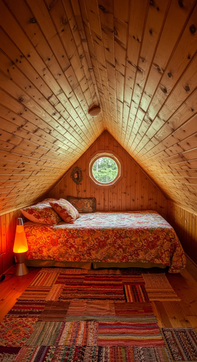 Knusse zolderkamer met houten wanden, een rond raam en een lavalamp.