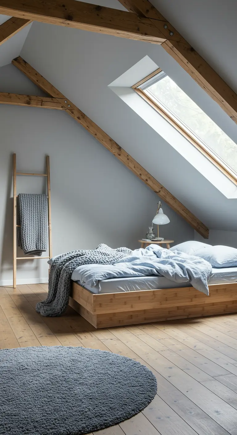 Scandinavische zolderslaapkamer met houten balken, laag bed en grijsblauw textiel.