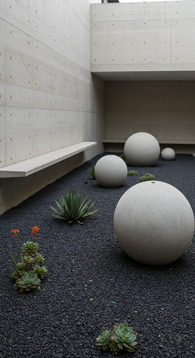 Grote, ronde betonnen bollen in een minimalistische patio met zwart grind en vetplanten.