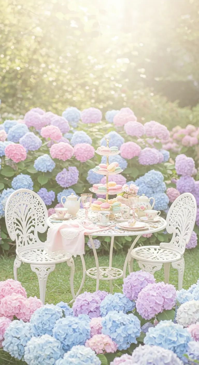 Witte bistroset met kleurrijke macarons, omringd door roze, paarse en blauwe hortensia's.
