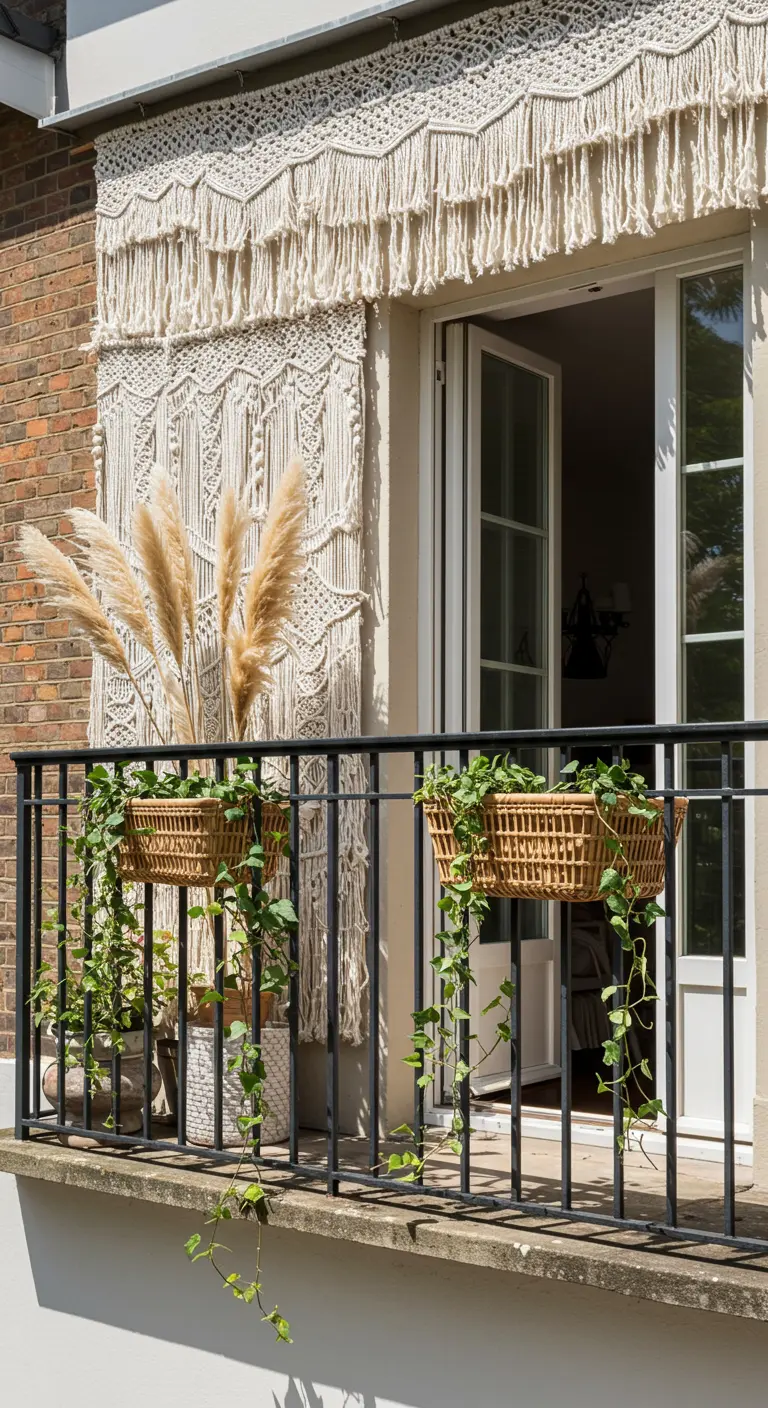 Balkongevel bedekt met een gigantisch macramé-wandkleed en hangende plantenbakken.
