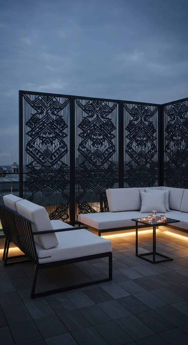 Modern dakterras met zwarte macramé panelen als privacyscherm en design loungebanken.