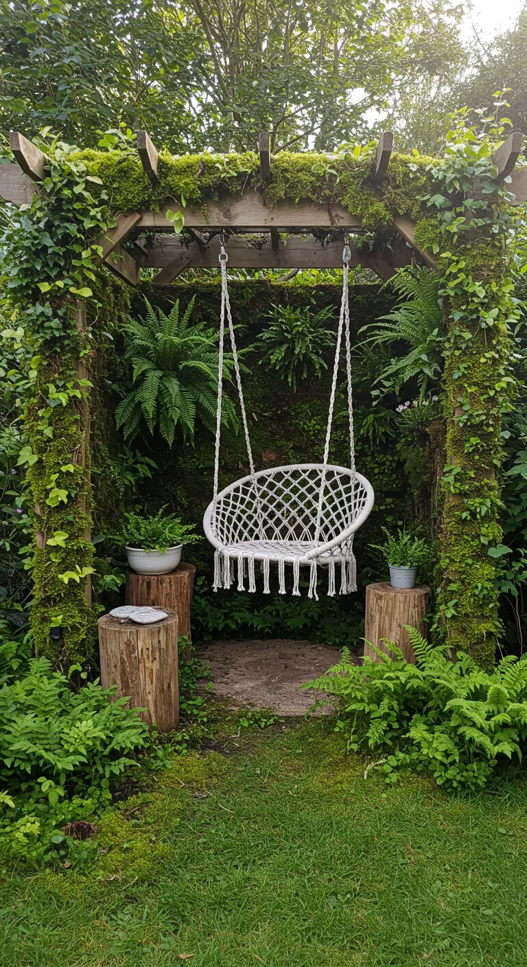 Witte macrame schommelstoel onder met mos begroeide houten pergola en varens.
