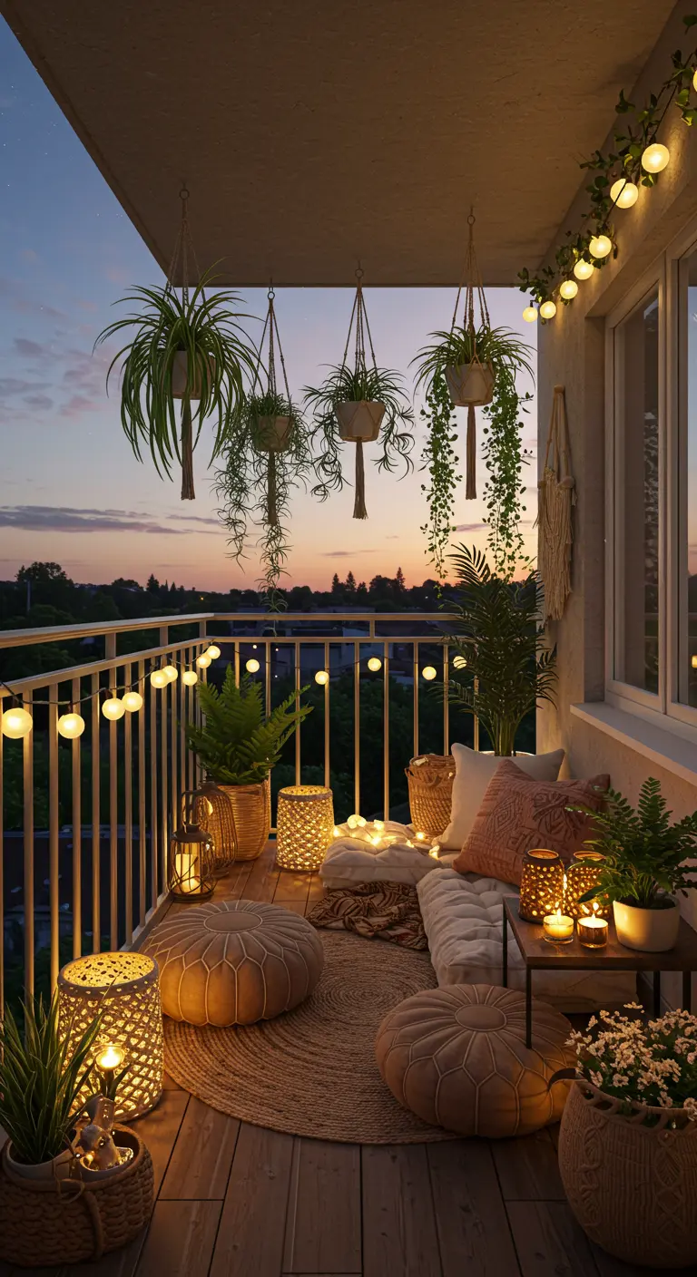 Knus balkon bij zonsondergang met poefs, kussens, hangplanten en sfeervolle lichtslingers.