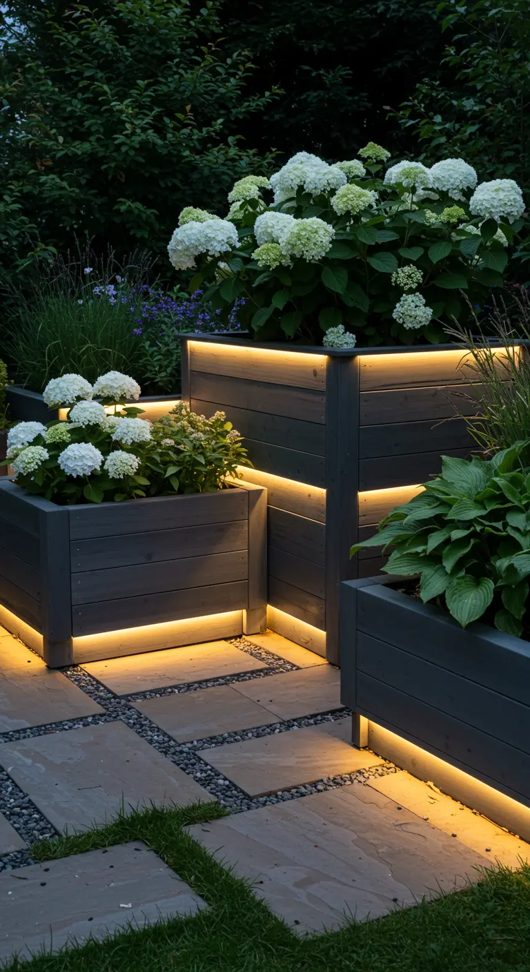 Grijze houten plantenbakken in lagen met warme LED-verlichting eronder in een moderne tuin.