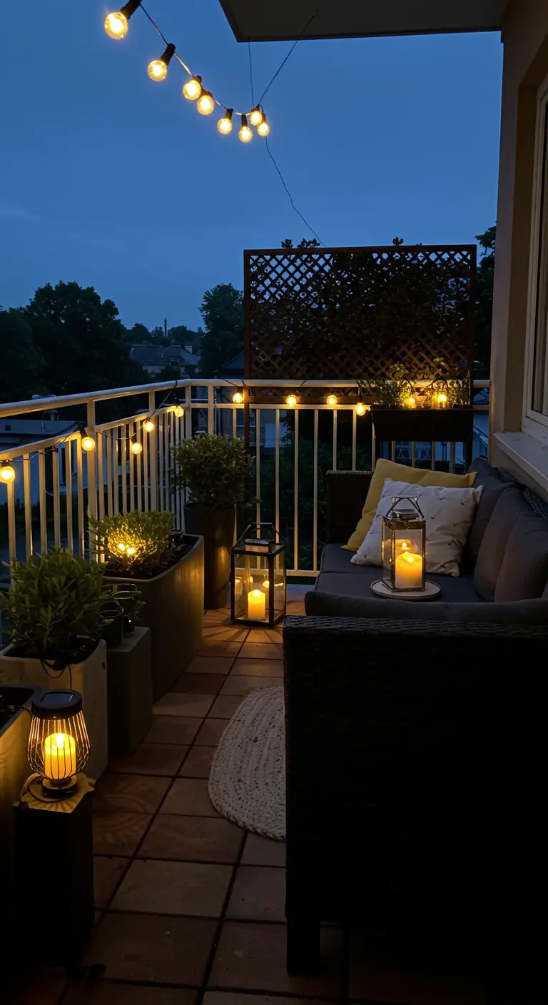 Knus balkon 's nachts, sfeervol verlicht met lichtsnoeren, lantaarns en kaarsen.