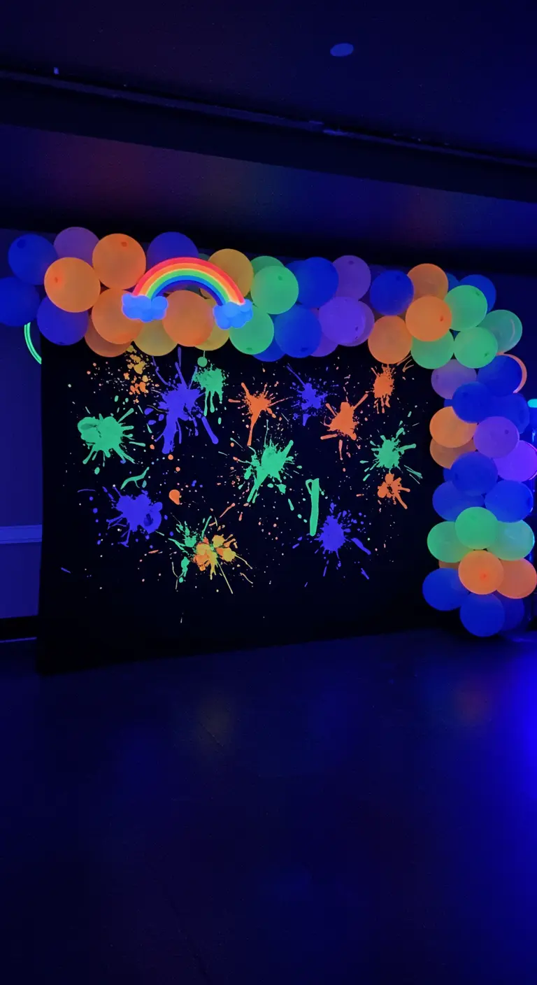 Een blacklight feest met een fluorescerende spatverf-achtergrond en kleurrijke ballonnen.