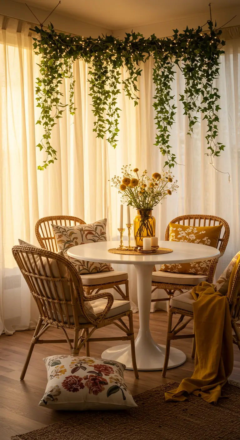 Knusse ronde eettafel met rotan stoelen, omringd door gordijnen en hangende planten met lichtjes.