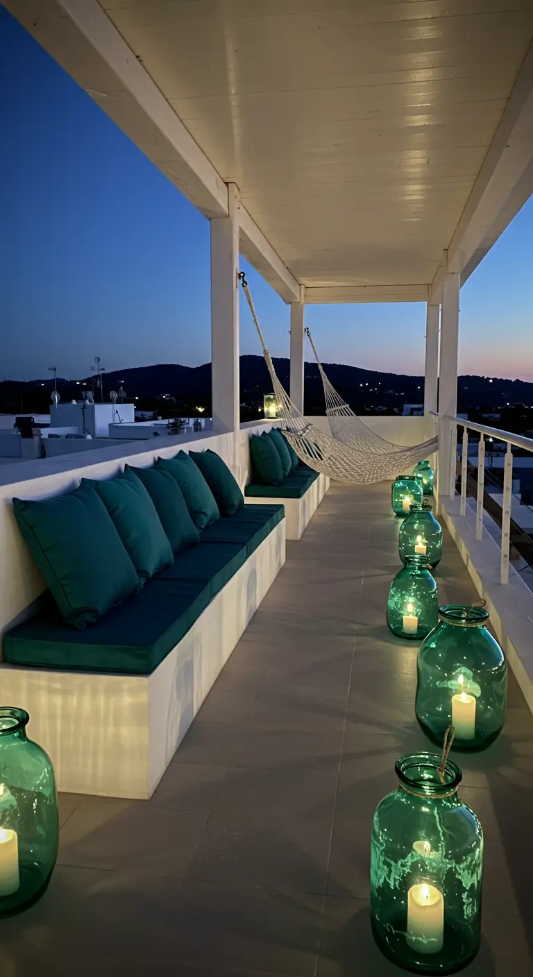 Lang balkon bij schemering met turquoise windlichten en een lange bank met donkere kussens.