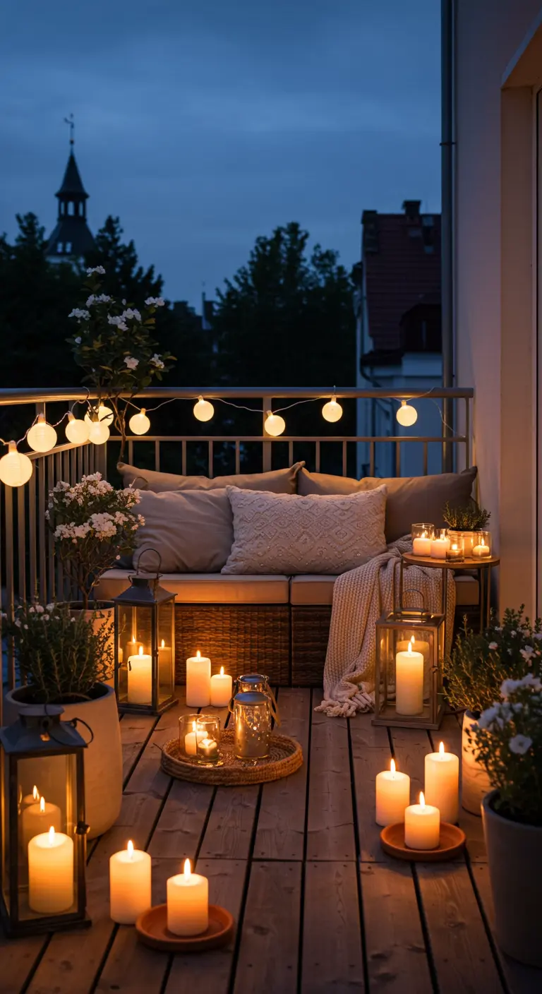 Romantisch balkon in de schemering, verlicht door vele kaarsen en lantaarns.