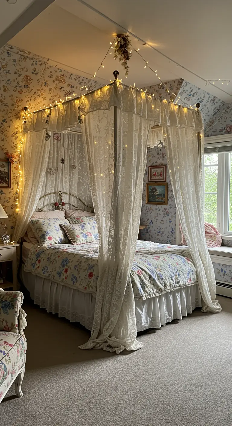 Dromerige slaapkamer met wit kanten hemelbed, fairy lights, en lichtblauw bloemenbehang.